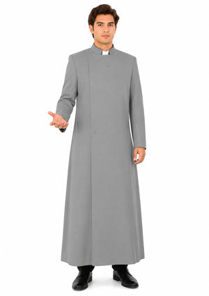 Man wearing a gray priest's robe on a white background