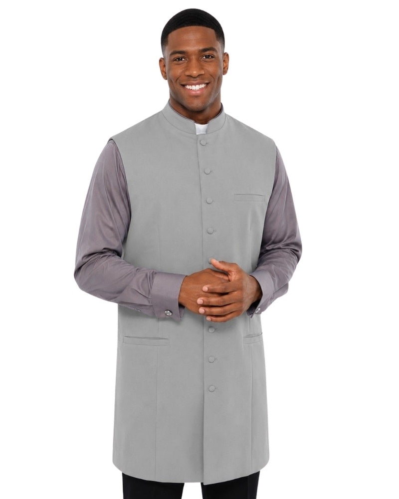 Man wearing a gray vest over a shirt on a white background