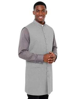 Man wearing a gray vest over a shirt on a white background