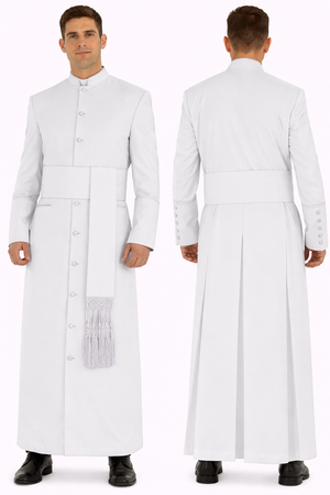 White robe worn by a model on a white background