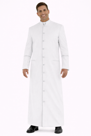 Man wearing a long white robe on a white background