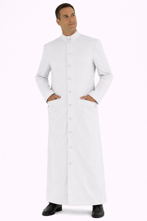 Man wearing a long white robe on a white background