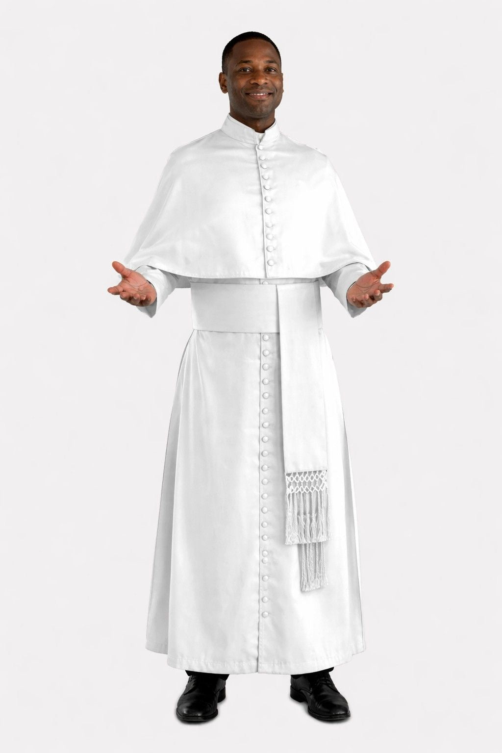 Man wearing a white religious robe with a stole on a white background