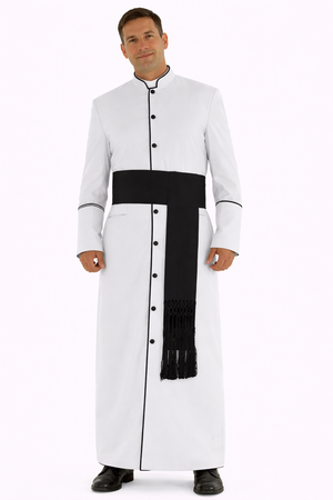 Man wearing a white robe with a black sash on a white background