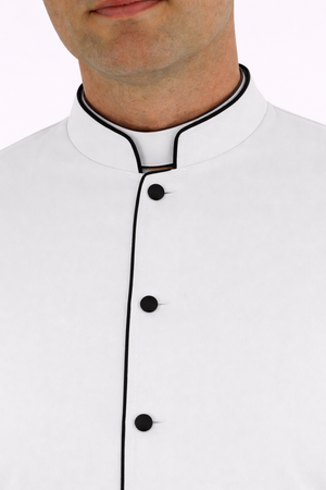 White robe with black buttons and trim on a white background