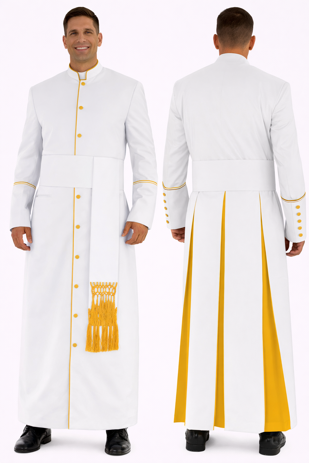 White robe with yellow accents on a white background