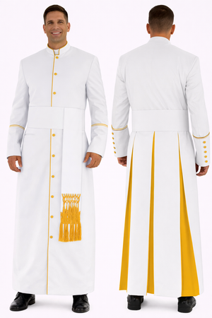 White robe with yellow accents on a white background