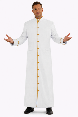 Man wearing a long white robe with gold buttons on a white background