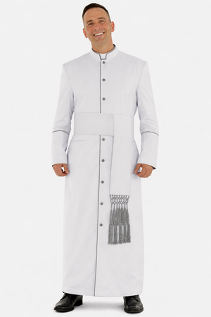 Man white and gray clergy cassock robe with sash on the white background