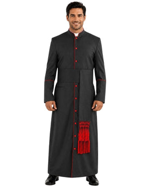 A man modeling a long black clerical cassock with red trim, red buttons, and a red tassel detail on the front, set against a plain white background.