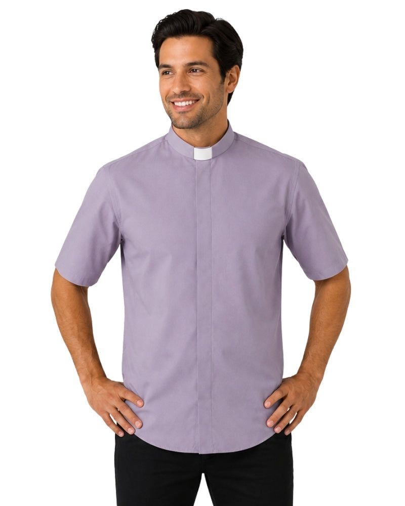 Man wearing gray clerical shirt on white background.