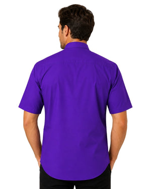 Man wearing purple clergy shirt on white background.