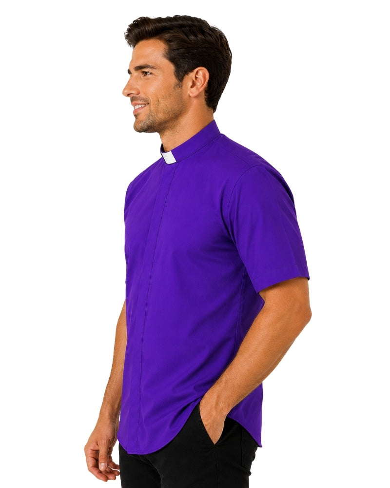 Man wearing purple clergy shirt on white background.