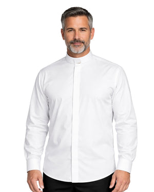 Man wearing a white dress shirt with a high collar on a white background