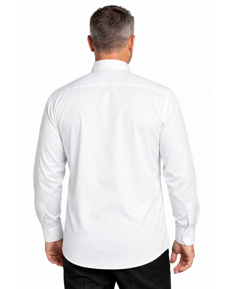 Man wearing a white dress shirt with a high collar on a white background