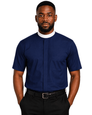 A man wearing a navy blue short-sleeve clerical shirt with a white collar, paired with black trousers and a black belt, photographed against a solid white background.