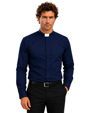 Man wearing a navy blue clerical shirt with a white collar on a white background