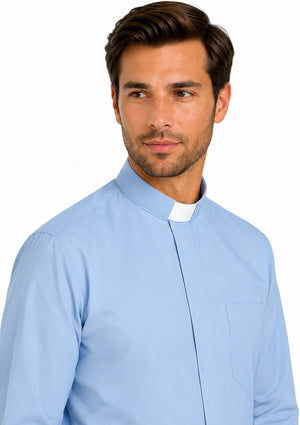 Man wearing a light blue clerical shirt on a white background