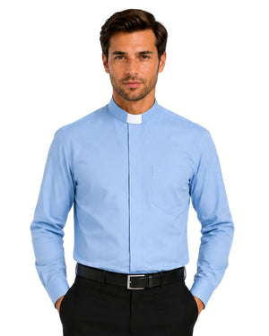 Man wearing a light blue clerical shirt on a white background