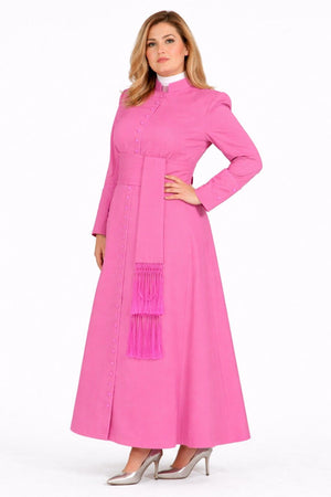 Woman wearing a pink robe with a white collar on a white background
