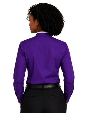 A woman shown from the back wearing a vibrant purple long-sleeve clerical shirt tucked into black trousers, against a plain white background.