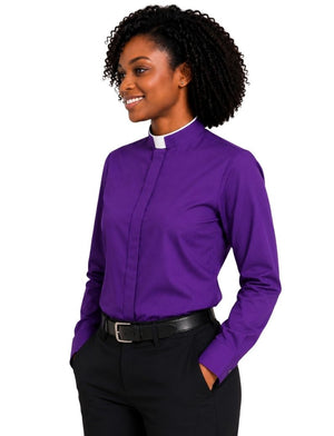 A woman wearing a purple long-sleeve clerical shirt with a white collar, paired with black trousers and a black belt, photographed against a plain white background.