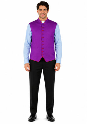 Man wearing a purple vest over a light blue shirt with black pants on a white background