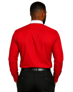 A man viewed from the back wearing a bright red long-sleeve clerical shirt, black trousers, and a black belt against a plain white background.