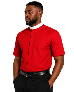 A man wearing a bright red short-sleeve clerical shirt with a white collar, paired with black trousers and a black belt, shown against a plain white background.