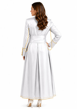 Woman wearing a white robe with yellow accents on a white background