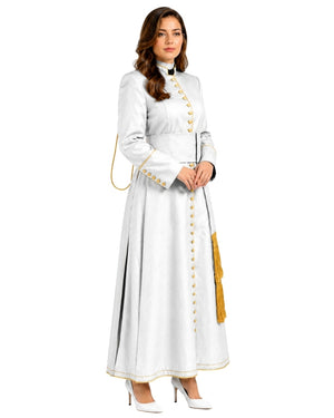 A woman modeling a long white cassock or robe with gold button details, gold tassel accents, and a black collar, set against a plain white background.
