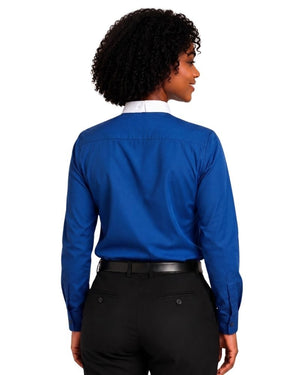 A woman shown from the back wearing a royal blue long-sleeve clerical shirt with a white collar, paired with black trousers and a black belt, against a plain white background.