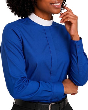 A woman wearing a royal blue long-sleeve clerical shirt with a contrasting white mock neck collar, paired with a black belt, shown against a plain white background.