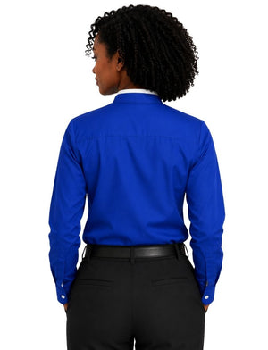 A woman shown from the back wearing a bright royal blue long-sleeve clerical shirt tucked into black dress pants with a black belt, against a plain white background.
