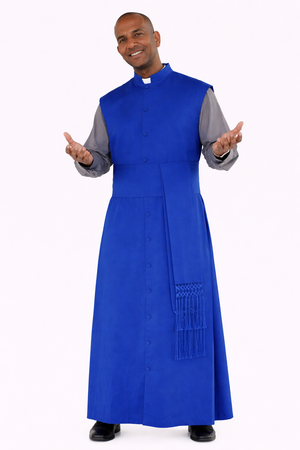 Man wearing a blue robe with a white background