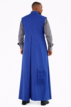 Man wearing a long blue robe with a white background