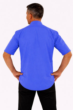 Man wearing a blue shirt on a white background