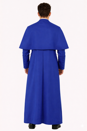 Men wearing a blue robe with a cape on a white background