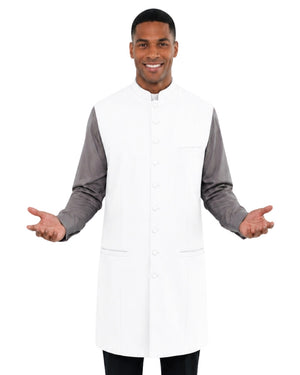 Man wearing a white vest over a gray long-sleeve shirt on a light white background.