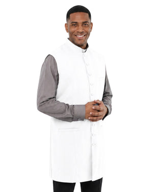 Man wearing a white vest over a gray long-sleeve shirt on a light white background.