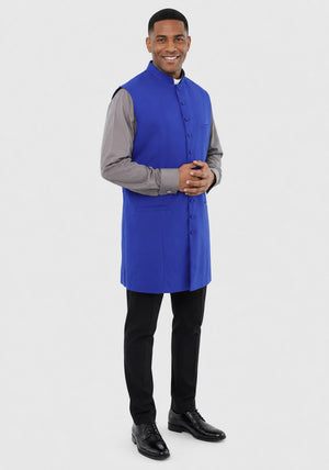 Man wearing a blue vest over a gray shirt on a white background