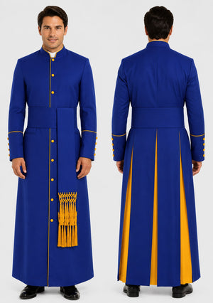 Blue and yellow cassock with buttons and a sash on a white background