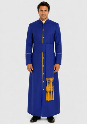 Man wearing a blue robe with gold accents on a white background