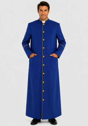 Man wearing a long blue robe with gold buttons on a white background