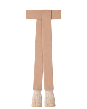 A light beige suede belt with a wide knot at the waist and fringed tassels at the ends, shown against a plain white background.