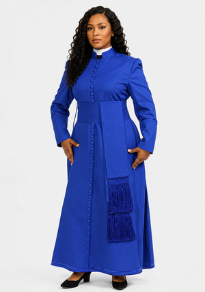 Woman wearing a blue dress with a matching robe on a white background