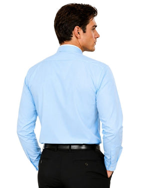 A man wearing a light blue long-sleeve clerical shirt, shown from the back, paired with black trousers and a black belt, against a plain white background.