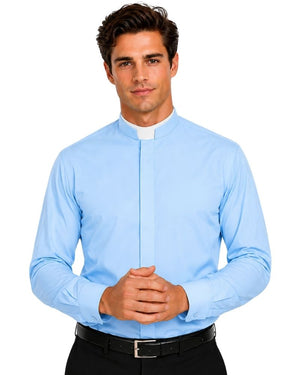 A man wearing a light blue long-sleeve clerical shirt with a white collar, paired with a black belt and trousers, against a plain white background.