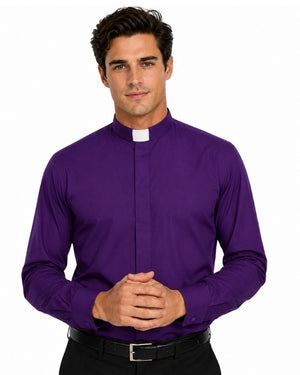 A man wearing a purple long-sleeve clerical shirt with a white collar tab, paired with a black belt and black trousers, standing against a plain white background.