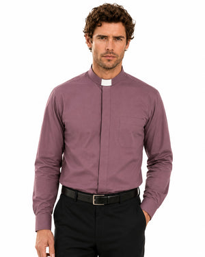 Man wearing a purple clerical shirt with a white collar on a white background